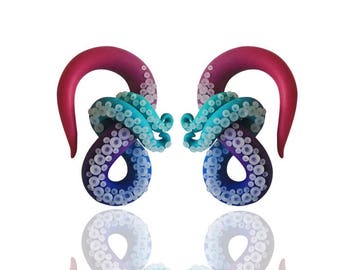 Colorful Ombré Kraken Octopus Tentacle Gauges - Fake Gauge, 4g, 2g, 0g, 00g, 7/16", 1/2", 9/16", 5/8" - Octopus Earrings - Gauge