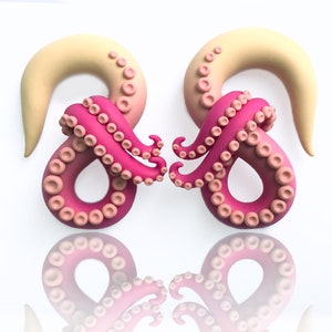Strawberries and Cream Octopus Tentacle Earring - Fake, 4g, 2g, 0g, 00g, 7/16&quot;, 1/2&quot;, 9/16&quot;, 5/8&quot; - Octopus Gauges -  Ocean Gauge