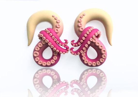 Strawberries and Cream Octopus Tentacle Earring - Fake, 4g, 2g, 0g, 00g, 7/16&quot;, 1/2&quot;, 9/16&quot;, 5/8&quot; - Octopus Gauges -  Ocean Gauge