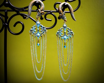 Fleur de Lis Faux Patina Dangle Gauges - Fake, 2g, 0g, 00g, 7/16", 1/2", 9/16", 5/8", 11/16",  3/4" - Handmade Polymer Clay Gauged Earrings