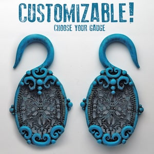 Vintage Turquoise Filigree Hanger Earrings For Stretched Lobes - Fake, 2g, 0g, 00g, 7/16&quot;, 1/2&quot;, 9/16&quot;, 5/8&quot;, 11/16&quot;,  3/4&quot; - Gauges