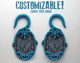 Vintage Turquoise Filigree Hanger Earrings For Stretched Lobes - Fake, 2g, 0g, 00g, 7/16", 1/2", 9/16", 5/8", 11/16",  3/4" - Gauges