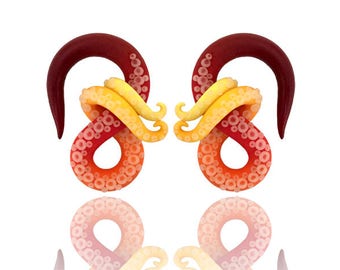 Fire Ombré Kraken Octopus Tentacle Gauges - Fake, 4g, 2g, 0g, 00g, 7/16", 1/2", 9/16", 5/8" - Hanger Earrings Handmade From Polymer Clay