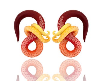 Fire Ombré Kraken Octopus Tentacle Gauges - Fake, 4g, 2g, 0g, 00g, 7/16", 1/2", 9/16", 5/8" - Octopus Earrings - Hanging Gauge - Hanger Plug