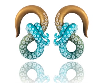 Gold and Turquoise Ombré Kraken Octopus Tentacle Gauges - Fake Gauge, 4g, 2g, 0g, 00g, 7/16", 1/2", 9/16", 5/8" - Octopus Earrings  - Gauge
