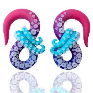 Happy Kraken Octopus Tentacle Gauges - Fake Gauge, 4g, 2g, 0g, 00g, 7/16", 1/2", 9/16", 5/8" - Polymer Clay Colorful Ombré Octopus Earrings