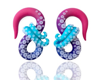 Happy Kraken Octopus Tentacle Gauges - Fake Gauge, 4g, 2g, 0g, 00g, 7/16&quot;, 1/2&quot;, 9/16&quot;, 5/8&quot; - Polymer Clay Colorful Ombré Octopus Earrings