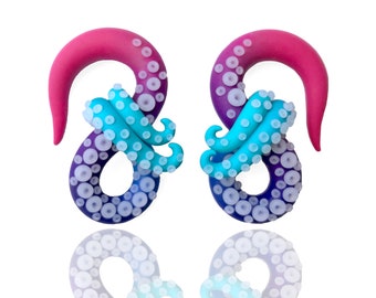 Happy Kraken Octopus Tentacle Gauges - Fake Gauge, 4g, 2g, 0g, 00g, 7/16", 1/2", 9/16", 5/8" - Polymer Clay Colorful Ombré Octopus Earrings