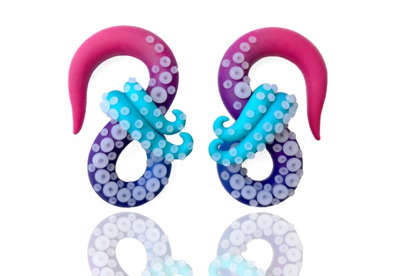 Colorful Ombré Kraken Octopus Tentacle Gauges - Fake Gauge, 4g, 2g, 0g, 00g, 7/16&quot;, 1/2&quot;, 9/16&quot;, 5/8&quot; - Octopus Earrings  -  Fake plug