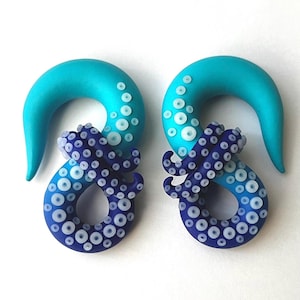 Deep Blue Sea Kraken Octopus Tentacle Earring - Fake, 4g, 2g, 0g, 00g, 7/16&quot;, 1/2&quot;, 9/16&quot;, 5/8&quot; - Octopus Gauges -  Ocean Gauge - Water
