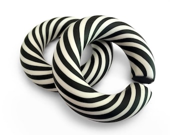 Large Hoop Black and White Stripe Gauges Handmade From Polymer Clay - Fake, 2g, 0g, 00g, 7/16", 1/2", 9/16", 5/8", 11/16",  3/4"
