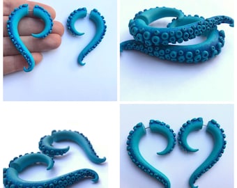 Turquoise Grunge Fake Gauge Octopus Tentacle Earrings  - Handmade From Polymer Clay