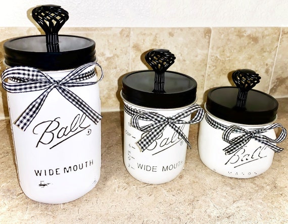 Mason Jar Kitchen Canister Set, Hand Painted Mason Jars, Farmhouse Canisters, Rustic Kitchen Decor, Kitchen Storage Containers