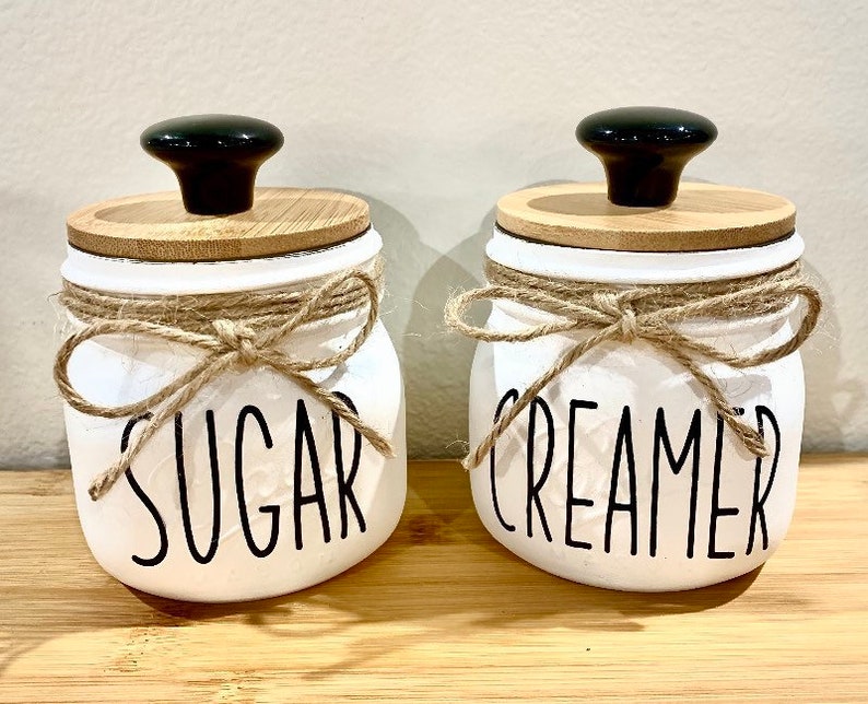 Sugar & Creamer Kitchen Canister Jar Set - Hand Painted Ball Elite 16oz Mason Jars w/ Bamboo Lids  - Farmhouse Coffee / Tea Breakfast Table 