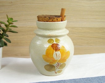 ST AMAND |  jar St Amand earthenware hand painted with its cork and wooden spoon Made in France vintage