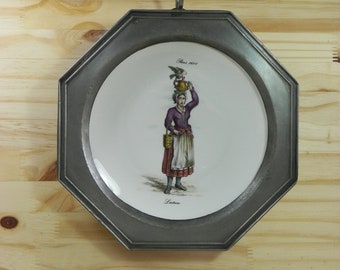 CHAUVIGNY | Porcelain and pewter decoration plate | trades in old Paris | the milkmaid | Made in France 1960