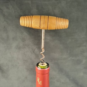 ART OF WINE | French  old corkscrew with barrel type turned wooden handle and pigtail wick | France 1950