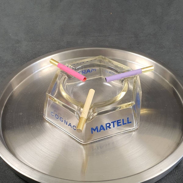 MARTEL | Large Hexagonal Cognac MARTELL ashtray in transparent glass | Advertising Cognac MARTELL 1715 | Bar France vintage 1990