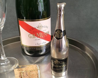 CHAMPÁN | Abrebotellas-Desatascador de botellas de champán en metal plateado con forma de botella de champán | Bar vintage Francia 1980
