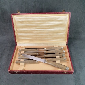 Case of 9 Louis XVI style wooden handle table knives in their original case | French cutlery 1930