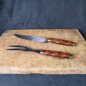 PRADEL - Cutting cutlery | Stainless steel fork and knife with Bamboo-style plastic handles and brass bolsters | France Vintage 1960