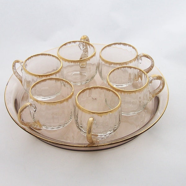 Shot glass set verrines set snack set glass tray and 6 glass cups with handles  gilded cups vintage 1940 Made in France