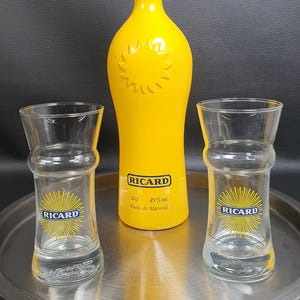 RICARD | 2 long drink glasses advertising Pastis RICARD | Designer Olivier Gagnère | Vintage barware made in France 2000s