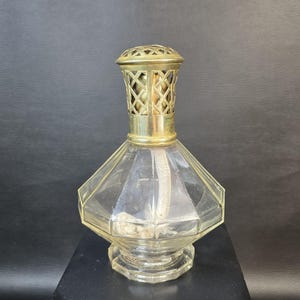 BERGER | Vintage BERGER Paris fragrance diffuser lamp with brass cap and twelve-sided molded clear glass body | Made in France 1950
