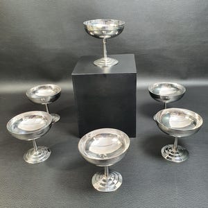 EISCREME | 6er Set Eis- oder Dessertschalen auf Fuß mit rostfreiem silbernem Metallfadendekor | Vintage Hergestellt in Frankreich 1970