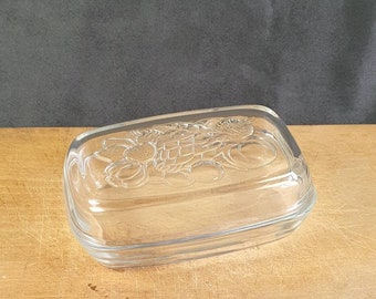 Clear glass butter dish vintage with lid fruits and vegetable embossed |  Tableware France vintage 1970