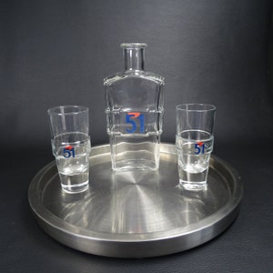 PASTIS 51 | PASTIS 51 advertising water carafe in glass with 2 Pastis 51 glasses | Vintage French Bistro Bar 1990s