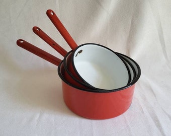 Set of 3 Japy pans red enamel  sauce pan white inside | made in France 1960