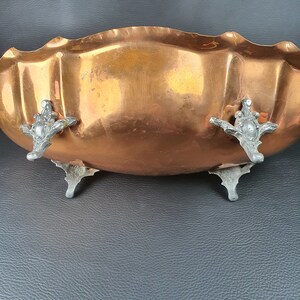 Old copper oval fruit basket with chiseled metal feet and handles French tableware 1900s image 7