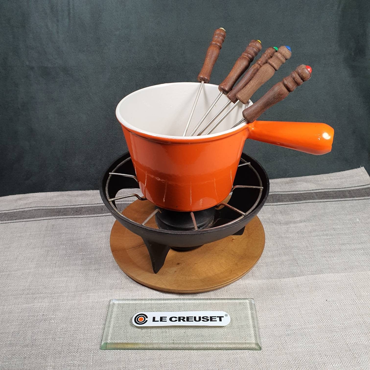 LE CREUSET Fondue Set With Cast Iron Stove and Orange Cast Iron