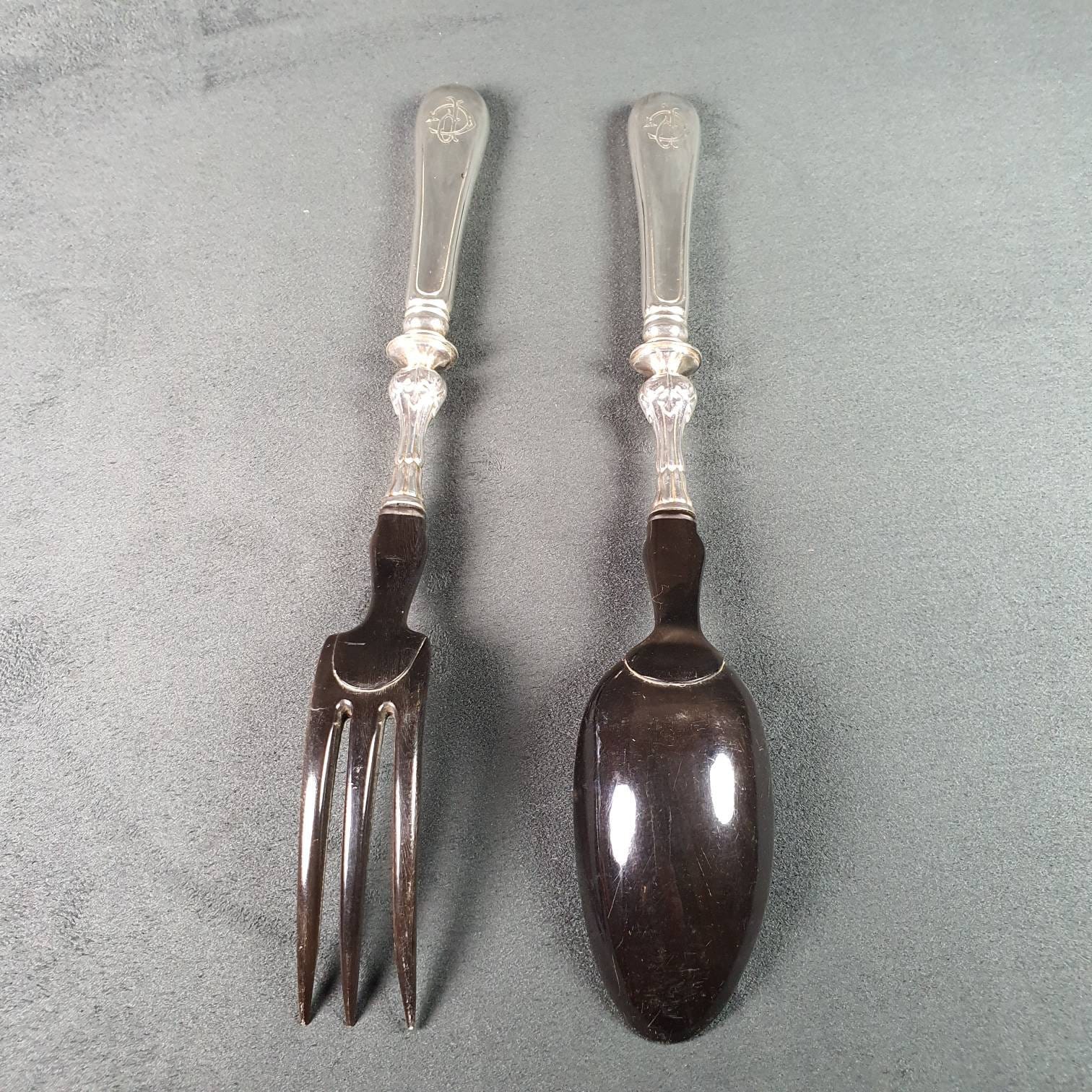 Couverts à salade, corne et argent fourré