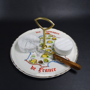 MOULIN DES LOUPS | Porcelain cheese platter &quot;Les Fromages de France&quot; decor with cheese knife | Made in France 1980