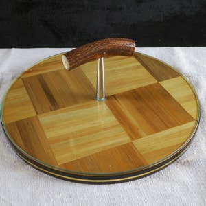 STRAW | Round vintage glass Cheese board with horn handle | Tableware Made in France in 1960