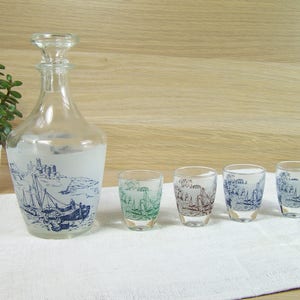 Glass decanter and 4 shot glasses Toile de Jouy pattern | Glassware French vintage 1960s
