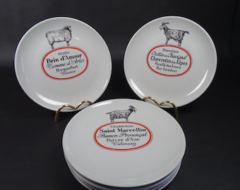 AUTEUIL | 6 Cheese Plates in Auteuil Porcelain | Decor Animal Cheese Production | PARIS | Made in France 1970