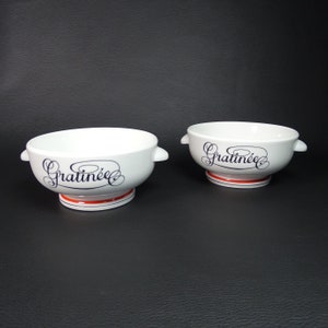 AUTEUIL PARIS | 2 AUTEUIL porcelain bowls for gratinated onion soup with 2 ears Bistrot decor | French tableware 1970