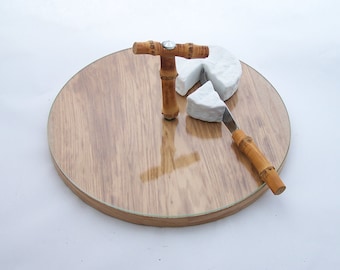 BAMBOO - Round vintage wood and glass cheese board with bamboo handle and bamboo cheese knife  Tableware Made in France in 1960