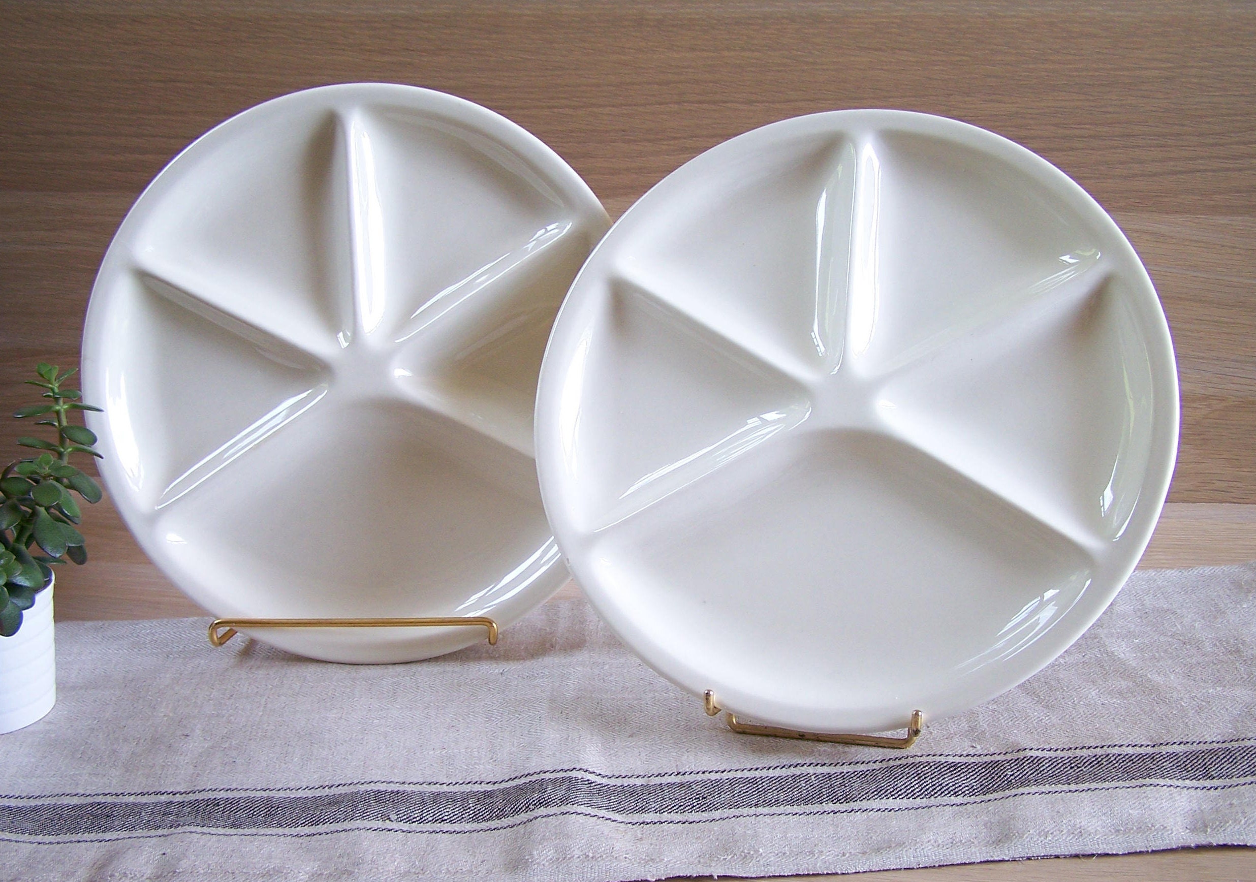 Paire d'assiettes à Fondue Le Creuset en Céramique Blanche | Assiettes Compartiments Vintage Made in