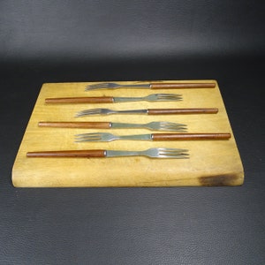 FONDUE | Set of 6 fondue forks stainless steel wooden handle | Cooking Utensil France Vintage 1970