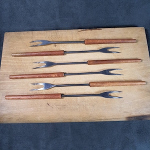 FONDUE | Set of 6 fondue forks stainless steel wooden handle | Cooking Utensil France Vintage 1970