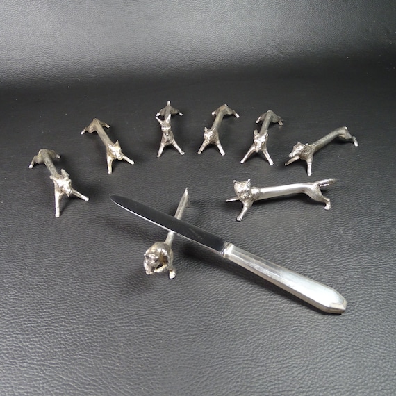 Lot De 8 Porte-couteaux Animaliers En Métal Argenté - L. 8 Cm - France
