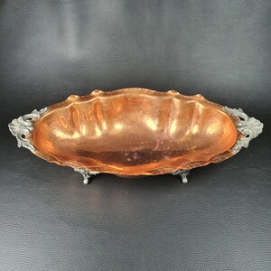 Old copper oval fruit basket with chiseled metal feet and handles French tableware 1900s image 3