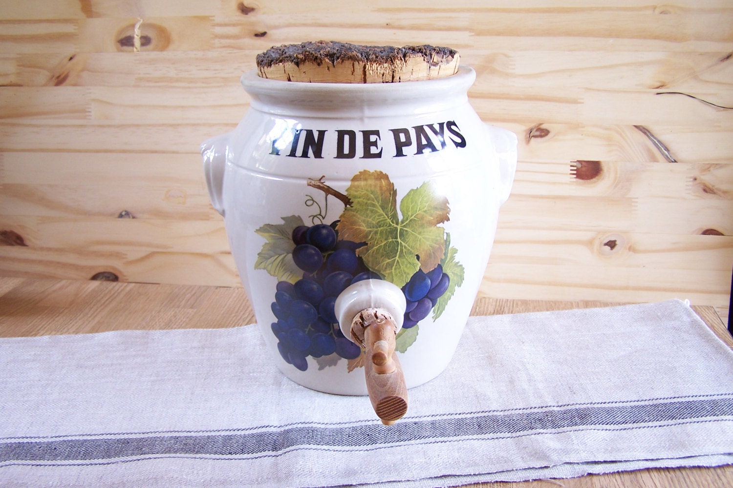 Fontaine à Vin en Grès de Digoin avec Bouchon Liège et Robinet Signée Lml Vintage Made in France