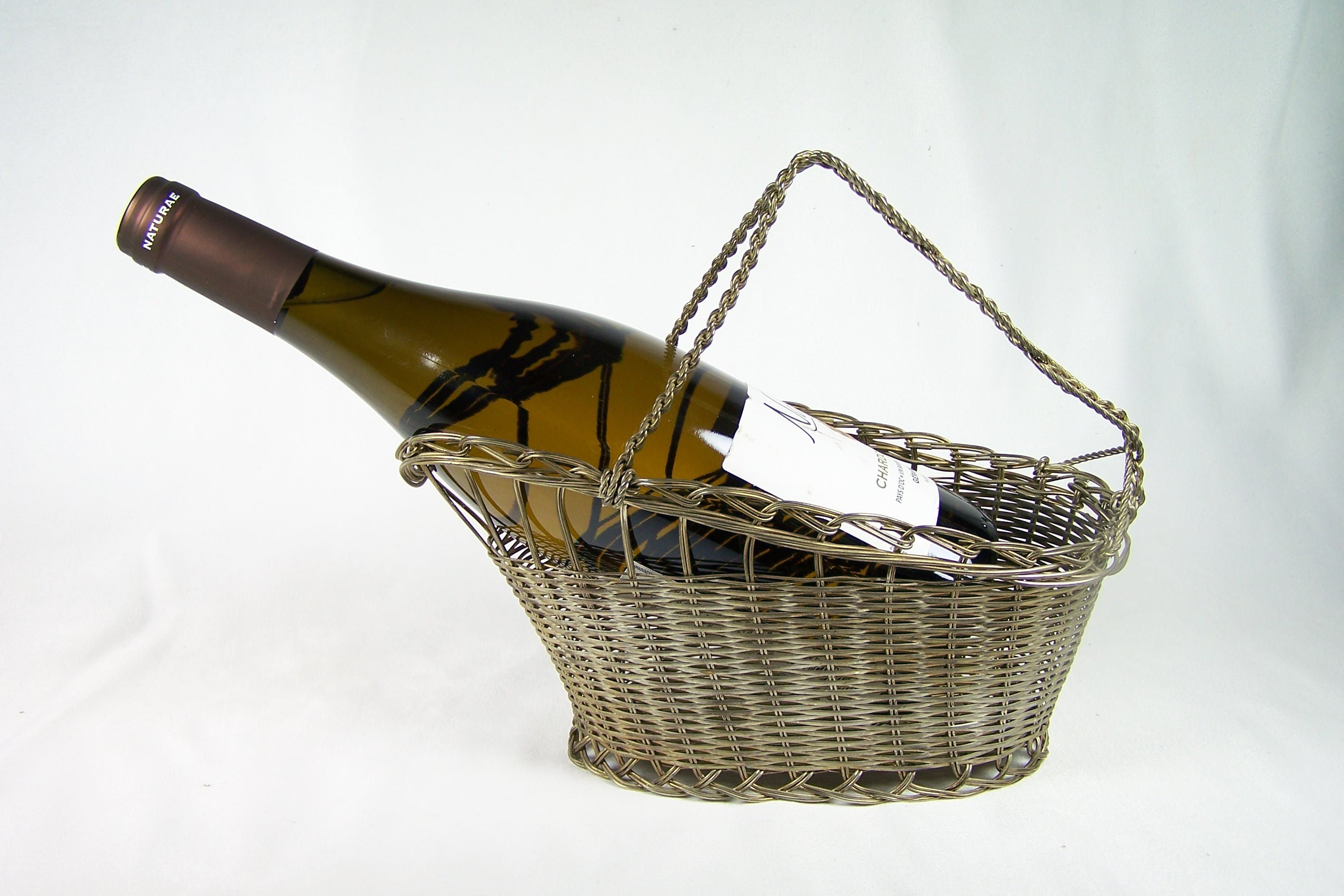 Panier Verseur en Métal Argenté Tressé Pour Bouteille de Vin 75 Cl | Vintage Français 1960