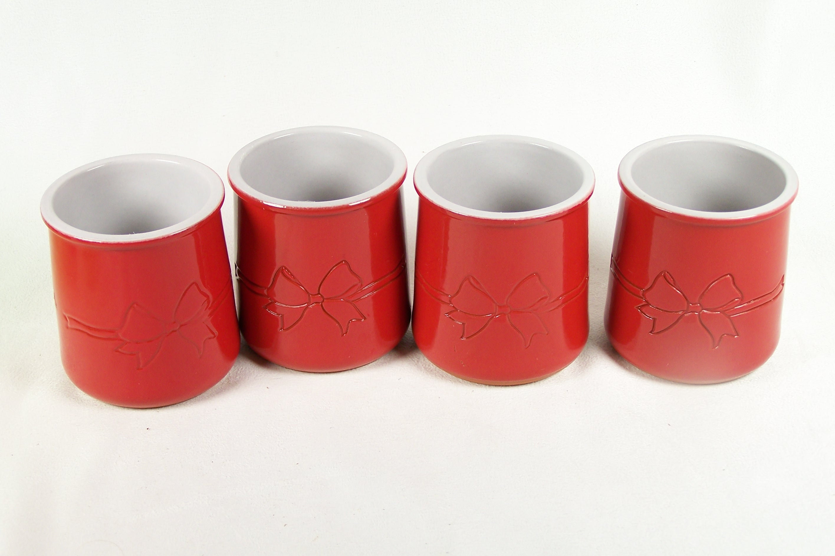 4 Pots de Yaourt La Fermière Rouges Terre Cuite Émaillée Décor Nœud Intérieur Blanc Vintage Made in