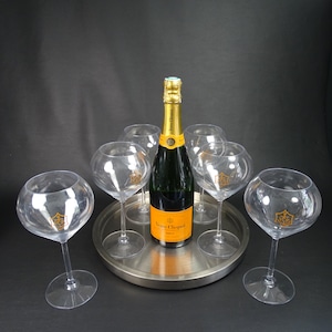 WITWE CLICQUOT | 6 große transparente Pool-Flöten aus Kunststoff mit VCP-Logo | Veuve Clicquot Reims Hergestellt in Frankreich 2000